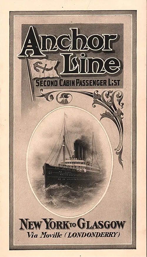 Front Cover: Second Cabin Passenger List for the SS Furnessia of the Anchor Line Dated 18 June 1910.