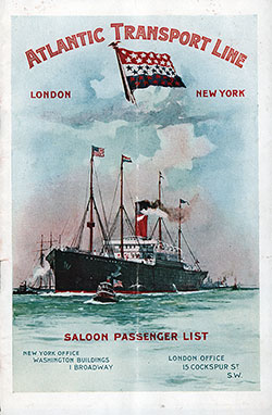 Front Cover of a Saloon Passenger List for the SS Marquette of the Atlantic Transport Line, Departing 8 November 1900 from London to New York.