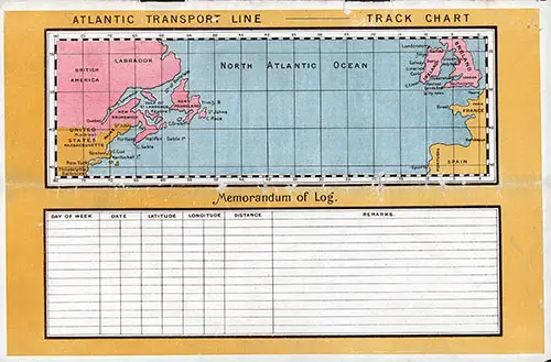 Atlantic Transport Line Track Chart and Memorandum of Log (Unused). Back Cover of the 8 November 1900 Saloon Class Passenger List of the SS Marquette.