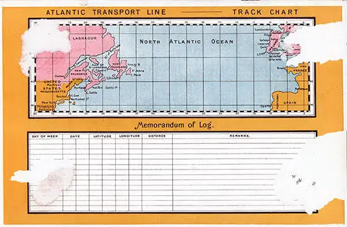 Atlantic Transport Line Track Chart of North Atlantic Ocean and Memorandum of Log (Unused).