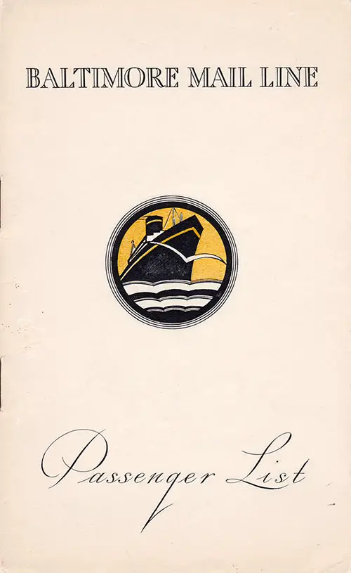 Front Cover of a Cabin Class Passenger List from the SS City of Norfolk of the Baltimore Mail Line, Departing 15 August 1937 from Bremen to Norfolk and Baltimore via Le Havre