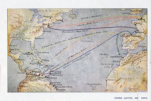 CGT French Line Route Map by Pierre Lafitte, Paris, Showing the Transatlantic Routes Used in 1921.