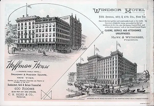 Vintage Advertisement from 1890 for the Hoffman House and Windsor Hotel of New York
