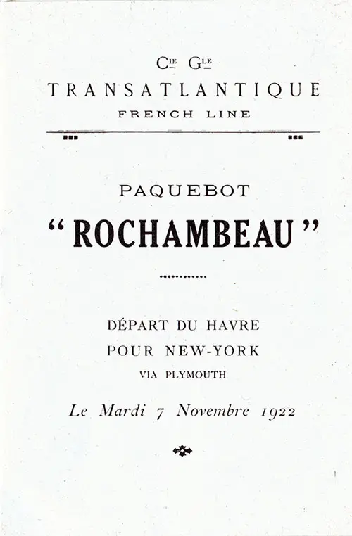 Title Page SS Rochambeau Cabin Passenger List, 7 November 1922.