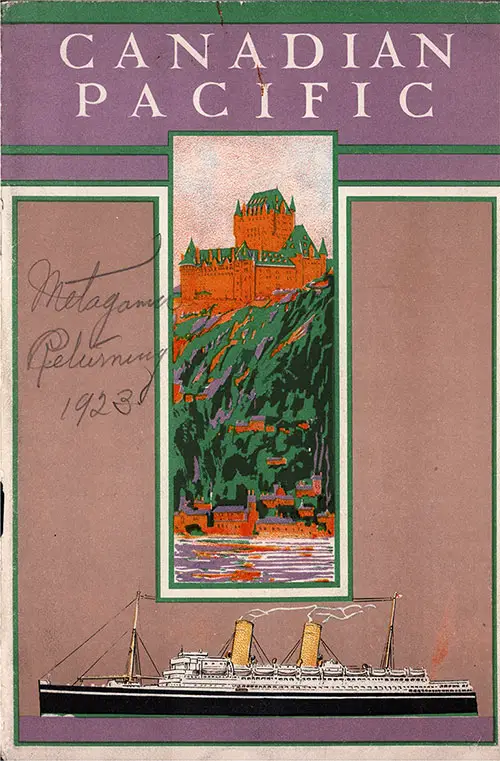 Front Cover, Cabin Passenger List for the SS Metagama of the Canadian Pacific Line, Departing Friday, 17 August 1923 from Glasgow to Québec and Montréal via Belfast.