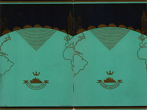 Back and Front Covers of a Tourist Class Passenger List from the RMS Alaunia of the Cunard Line, Departing Saturday, 27 August 1938 from Southampton to Québec and Montréal via Le Havre.