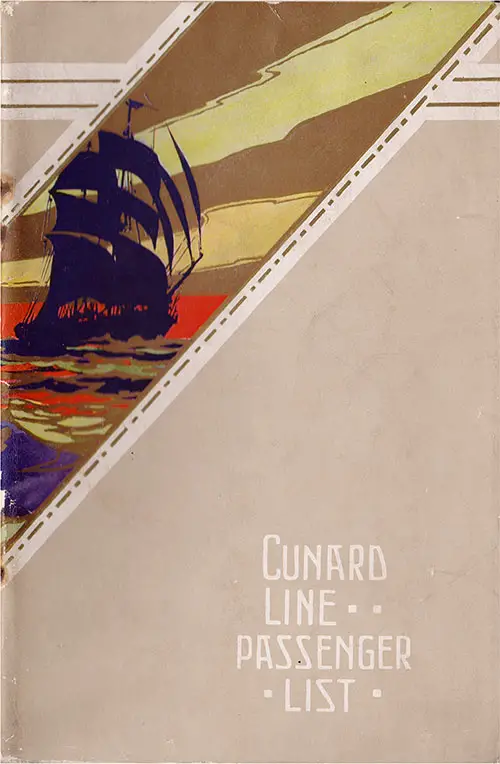 Front Cover, Cunard RMS Aquitania Saloon Passenger List - 26 July 1924.