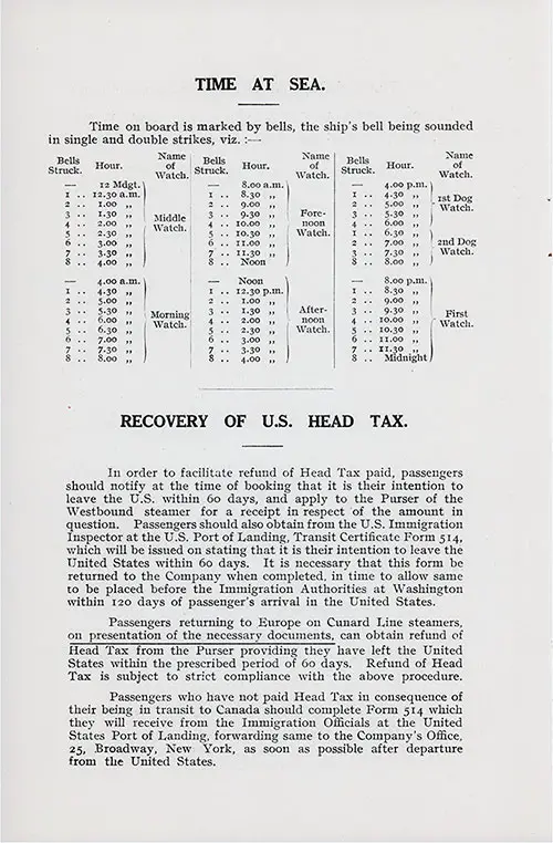 Time at Sea and Recovery of U.S. Head Tax. RMS Aquitania Passenger List, 18 May 1929.