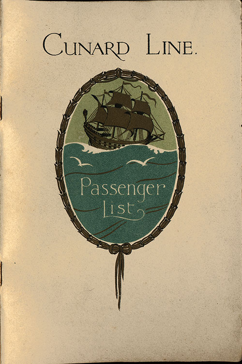 Front Cover, Cunard Line RMS Aquitania Tourist Third Cabin Passenger List - 10 August 1929.
