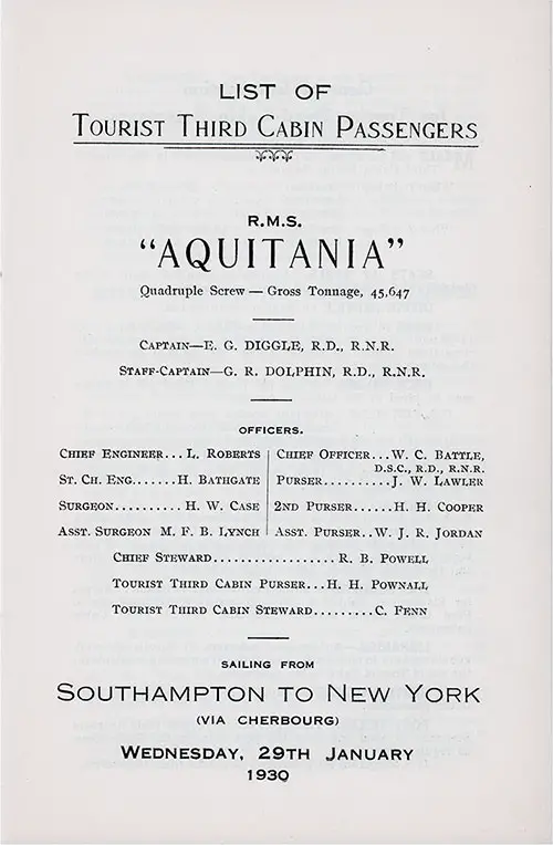 Title Page, RMS Aquitania Tourist Third Cabin Passenger List, 29 January 1930.