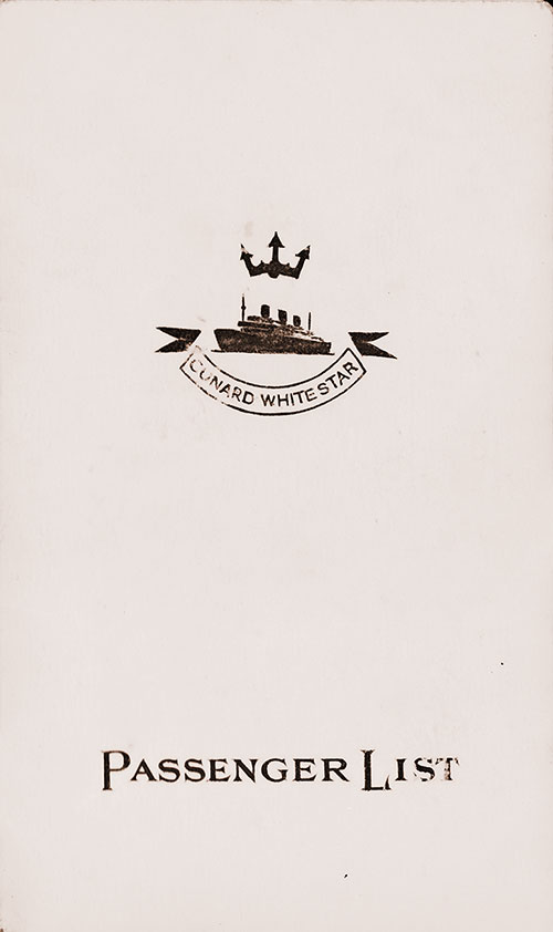 Front Cover of a Third Class Passenger List from the RMS Aquitania of the Cunard Line, Departing 1 June 1938 from New York to Cherbourg via Southampton, Commanded by Captain J. C. Townley, R.D., R.N.R.