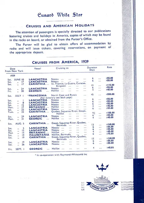 Sailing Schedule, Cruises from America, from 10 June 1939 to 1 September 1939.