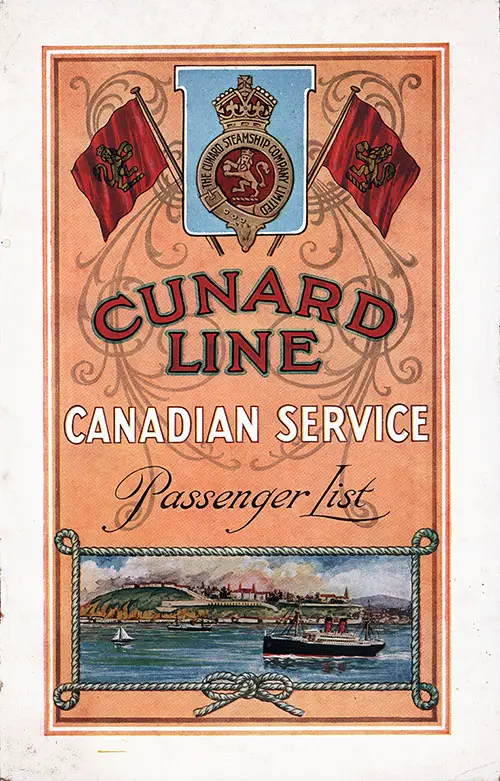 Front Cover, Cabin Passenger List from the RMS Ascania of the Cunard Line, Departing 11 July 1925 from Montréal to London.