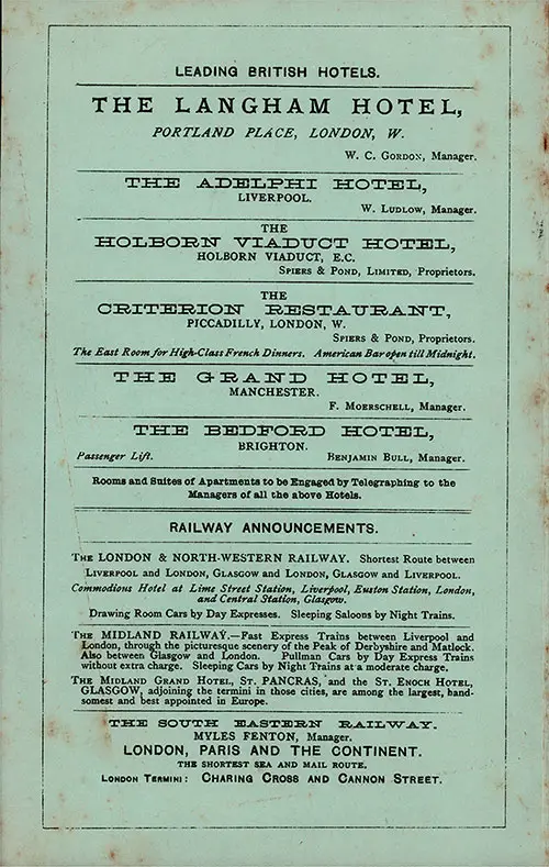 Leading British Hotels and Railway Announcements, 1887.