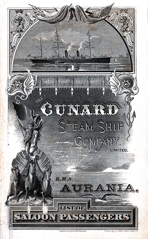 Front Cover of a Saloon Passenger List for the RMS Aurania of the Cunard Line, Departing Saturday, 26 March 1887 from Liverpool to New York