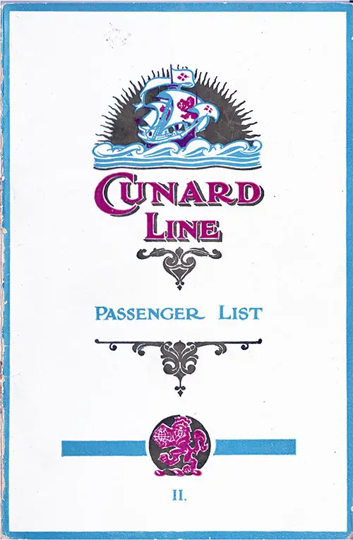 Front Cover, Cunard RMS Berengaria Second Class Passenger List - 25 August 1923.