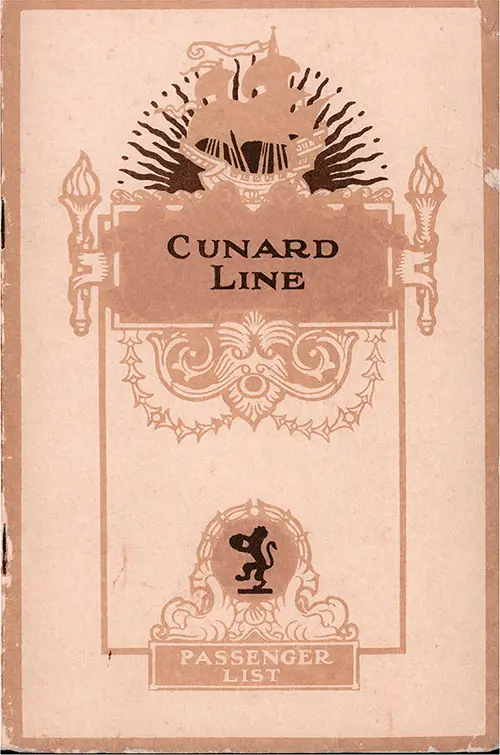 Front Cover, Cunard Line RMS Berengaria Second Class Passenger List - 20 March 1929.