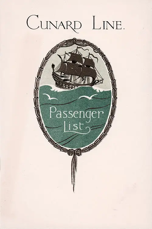 Front Cover, Cunard Line RMS Berengaria Tourist Third Cabin Passenger List - 7 September 1929.