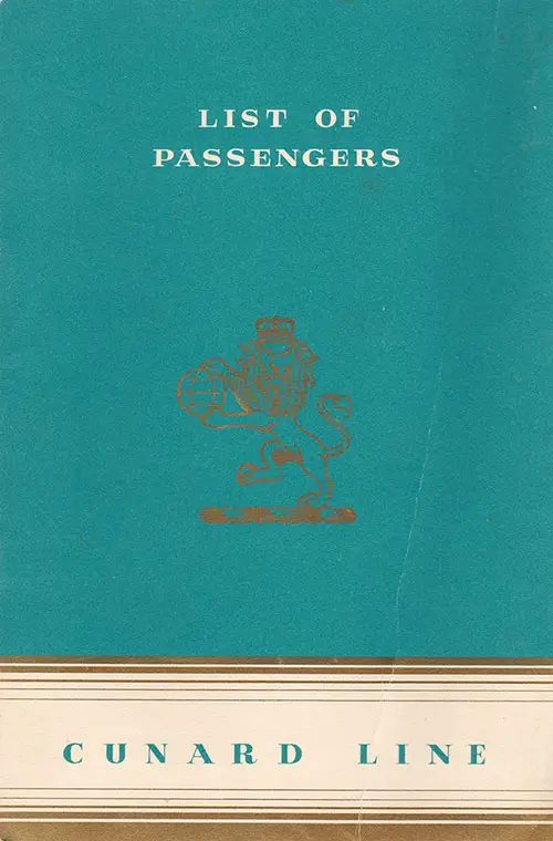 Front Cover of a Tourist Class Passenger List from the MV Britannic of the Cunard Line, Departing 10 April 1953 from Liverpool to New York via Cobh