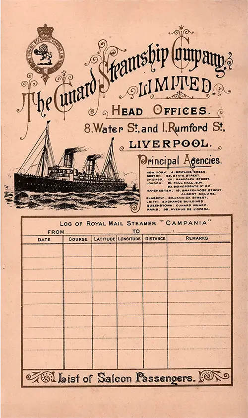Front Cover of a Saloon Passenger List from the RMS Campania of the Cunard Line, Departing Saturday, 3 September 1898 from Liverpool to New York