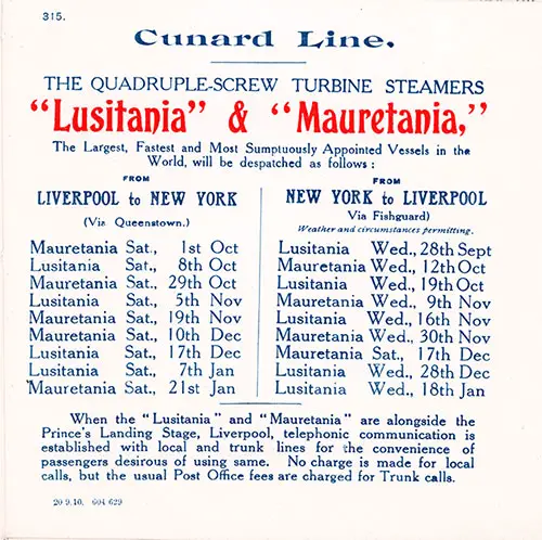 Sailing Schedule for the Quadruple-Screw Turbine Steamers "Lusitania" & Mauretania,"