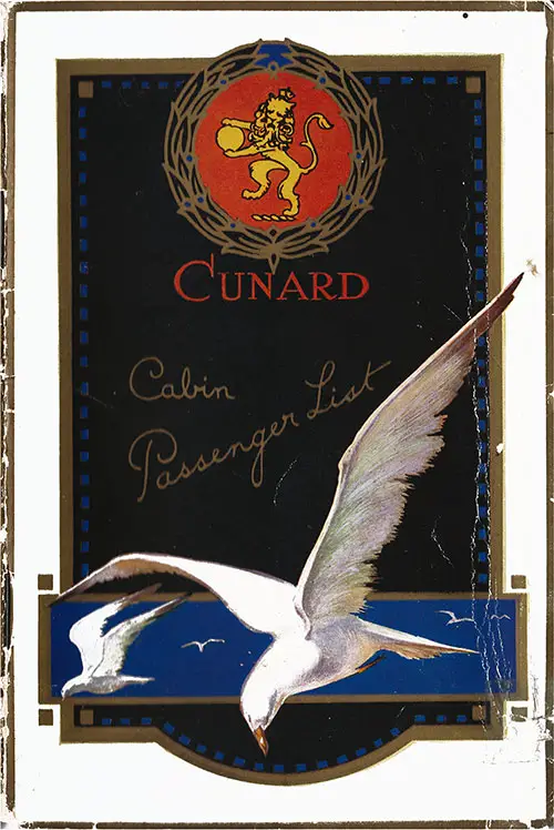 Front Cover, Cunard RMS Caronia Cabin Passenger List - 23 August 1924. 