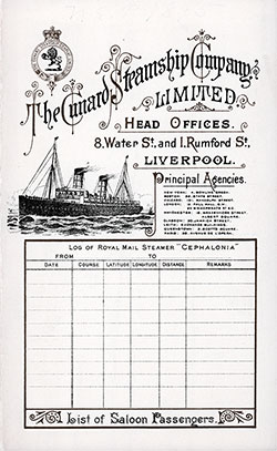 Cunard Line Saloon Passenger Manifest for the RMS Cephalonia 1895