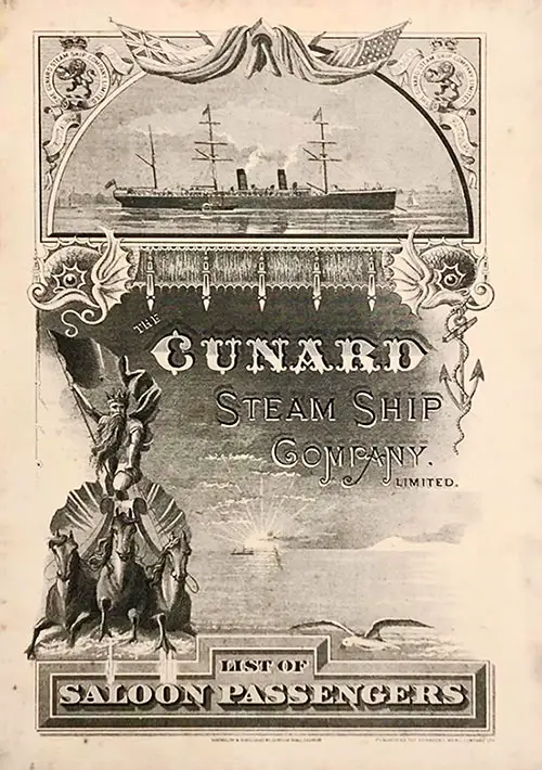 Front Cover of a Saloon Passenger List from the RMS Etruria of the Cunard Line, Departing 15 March 1890 from Liverpool to New York.
