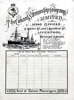 Front Cover of a Saloon Passenger List from the RMS Etruria of the Cunard Line, Departing 1 April 1898 from New York to Liverpool.
