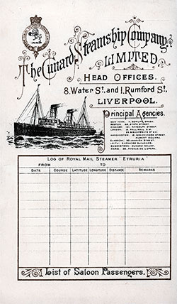 Saloon Passenger Manifest, Cunard RMS Etruria August 1898