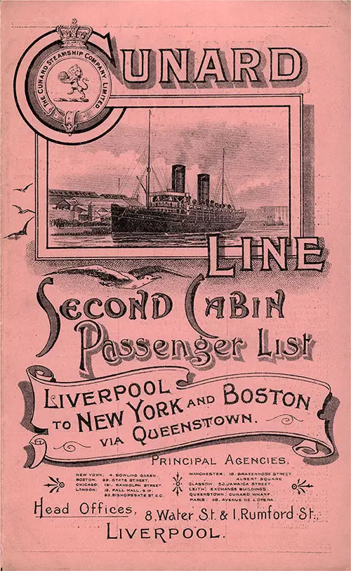 Front Cover of a Second Cabin Passenger List for the RMS Etruria of the Cunard Line, Departing Saturday, 27 August 1898 from Liverpool for New York