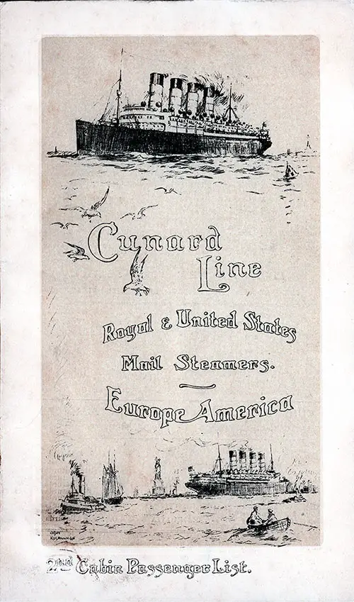Front Cover of a Second Cabin Passenger List for the RMS Ivernia of the Cunard Line, Departing Tuesday, 24 May 1910 from Liverpool to Boston.
