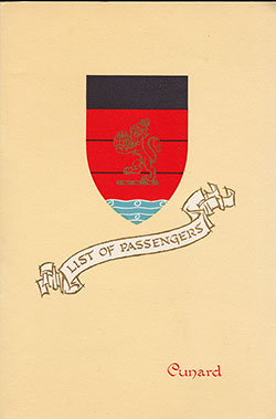 Front Cover of a Tourist Class Passenger List from the RMS Ivernia of the Cunard Line, Departing 11 July 1956 from Liverpool to Montreal via Quebec