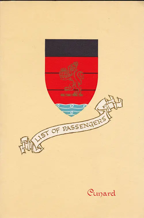 Front Cover of a Tourist Class Passenger List from the RMS Ivernia of the Cunard Line, Departing 11 July 1956 from Liverpool to Montreal via Quebec