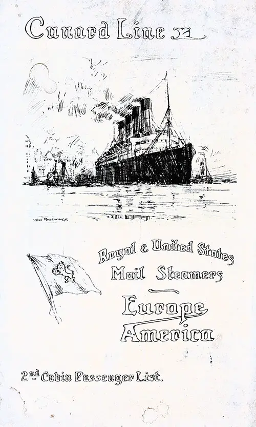 Front Cover, Cunard RMS Laconia Second Cabin Passenger List - 3 September 1912.