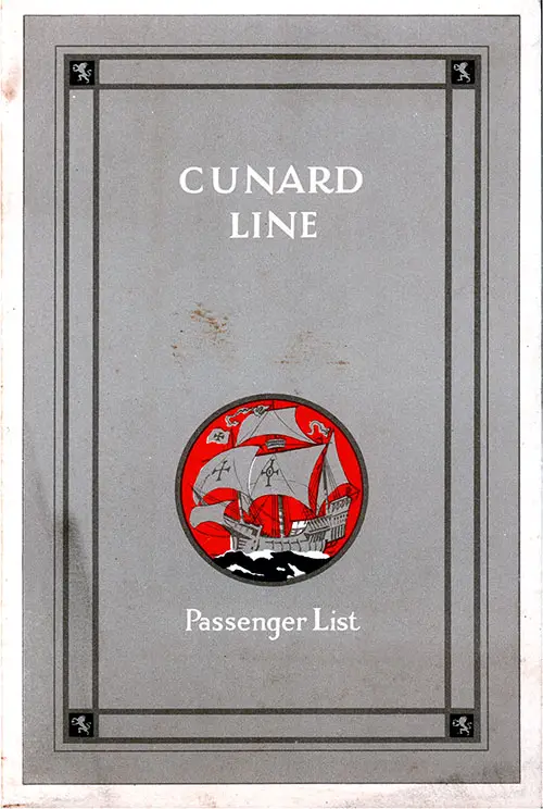 Front Cover, Cunard Line RMS Laconia Cabin Passenger List - 10 August 1929.
