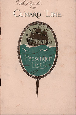 Front Cover, Cunard Line RMS Laconia Tourist Third Cabin Passenger List - 10 August 1929.