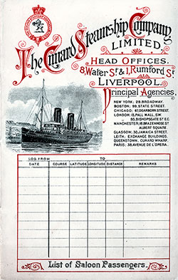 Front Cover of a Saloon Passenger List from the RMS Lucania of the Cunard Line, Departing 20 April 1901 from Liverpool to New York