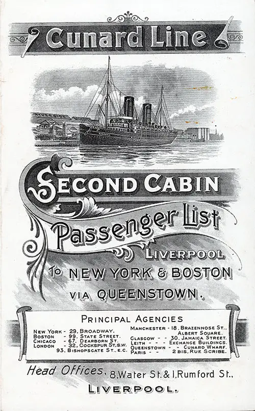 Front Cover of a Second Cabin Passenger List for the RMS Lucania of the Cunard Line, Departing Saturday, 16 August 1902 from Liverpool to New York.