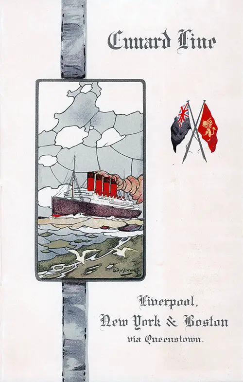 Front Cover of a Saloon Passenger List for the RMS Mauretania of the Cunard Line, Departing Saturday, 11 April 1908 from Liverpool to New York.