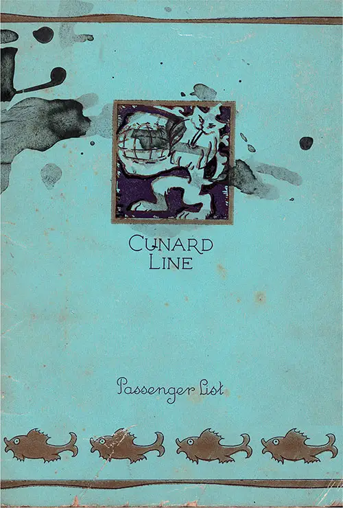 Front Cover, Cunard Line RMS Mauretania First Class Passenger List - 2 August 1930.