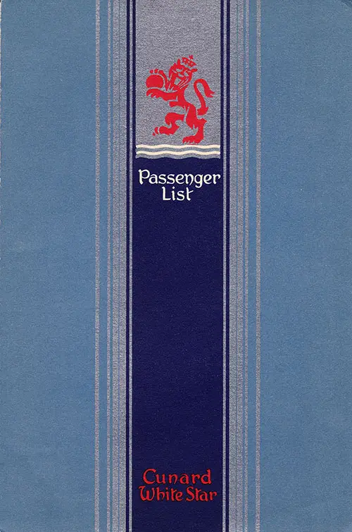 Front Cover of a First Class Passenger List from the RMS Mauretania of the Cunard Line, Departing 28 September 1948 from Southampton to New York Via Cherbourg
