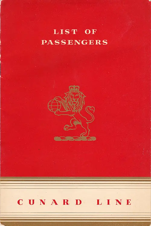 Front Cover of a First Class Passenger List from the RMS Mauretania of the Cunard Line, Departing 4 August 1953 from Southampton to New York Via Le Havre and Cobh