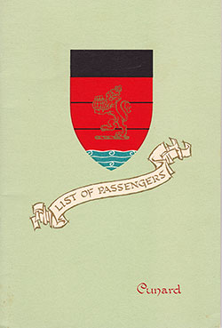 Front Cover of a Cabin Class Passenger List from the RMS Mauretania of the Cunard Line, Departing 27 May 1954 from New York to Southampton Via Cobh and Le Havre
