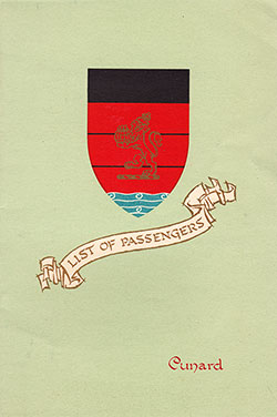 Front Cover of a Cabin Class Passenger List from the RMS Mauretania of the Cunard Line, Departing 15 July 1954 from Southampton to New York Via Le Havre and Cobh
