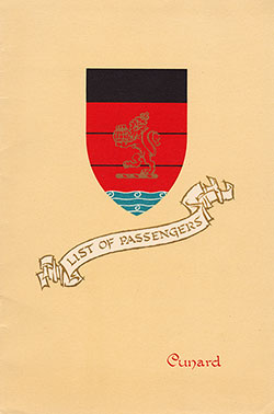 Front Cover of a First Class Passenger List from the RMS Media of the Cunard Line, Departing 7 August 1954 from Liverpool to New York