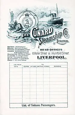 Passenger List, RMS Pannonia, Cunard Line, August 1905, Trieste to New York 