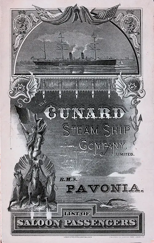 Saloon Passenger List for the RMS Pavonia of the Cunard Line, Departing Tuesday, 23 August 1887 from Liverpool to Boston