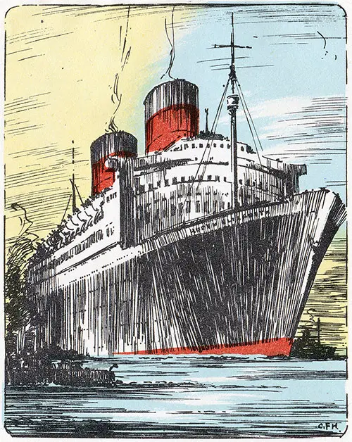 Painting of the QE on the Back Cover, Cunard Line RMS Queen Elizabeth Tourist Class Passenger List - 27 August 1949.