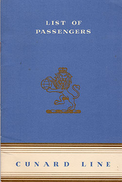Front Cover of a Cabin Class Passenger List from the RMS Queen Elizabeth of the Cunard Line, Departing 7 May 1952 from New York to Southampton via Cherbourg